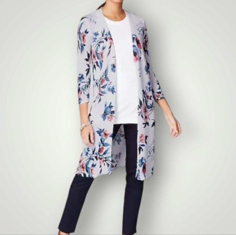 J. Jill XS Floral Open Front Cardigan Sweater Kimono Linen Blend Lightweight Lay